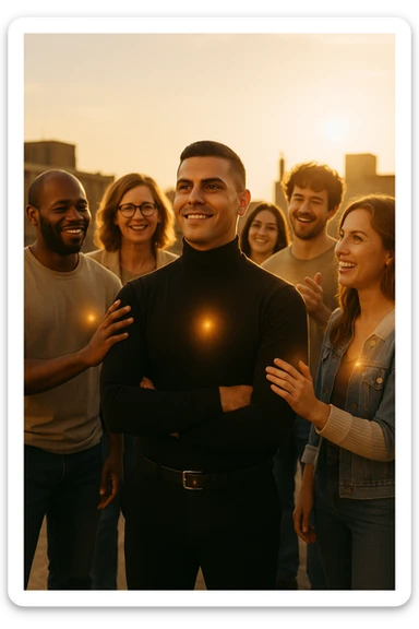A cinematic scene of a man in his early 30s standing at the center of a sunlit urban rooftop during golden hour, surrounded by a diverse group of supportive, smiling people — friends, mentors, colleagues. They’re standing slightly behind or beside him, hands on his shoulder or gesturing toward him with encouragement. The man looks forward with a confident, inspired expression, body slightly relaxed, as if something inside di lui sta cambiando. The light behind the group forms a halo effect, emphasizing warmth and unity. Subtle visual symbolism: faint glow around their hands and hearts, suggesting their energy is uplifting him. Realistic clothing, modern style — jeans, T-shirts, casual jackets. The mood is inspiring, grounded, and full of potential. Shot in 35mm film style, with rich warm tones, shallow depth of field, and vibrant human detail. sticker