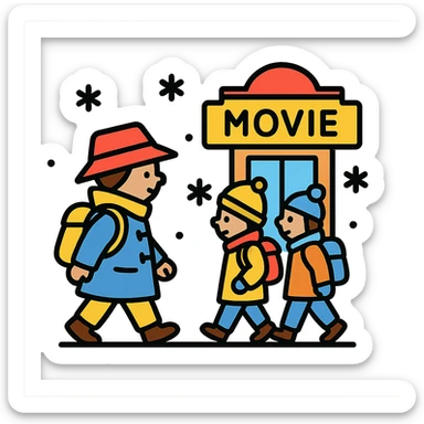 A group of school children walking to a movie theater in winter, inspired by Paddington Bear sticker