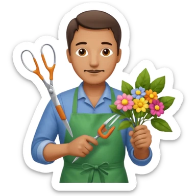 Middle-aged male florist – apron on, trimming stems with scissors sticker