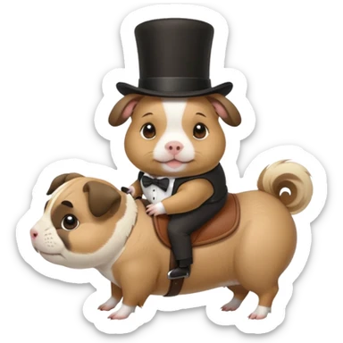 a cute guinea pig wearing a top hat riding on the back of a pug dog sticker