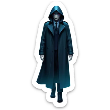 Movie Poster: A tense, gripping design with dramatic lighting. Include a mysterious figure in a dark coat standing in a rain-soaked alley, with glowing neon signs in the background. Shadows loom, and ominous shapes emerge from the mist. Suspenseful and cinematic atmosphere. Transparent background. sticker