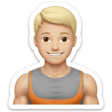 fais le meme blond, tee shirt gris mais musclé et fin qui sourie sticker