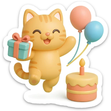 ginger tabby kitten jumping with joy, holding a birthday gift, birthday cake and balloons in background sticker
