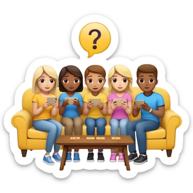 group of friends on couch playing a trivia game couch should be deep dark yellow color.  include a small wooden table in front of the couch as well sticker