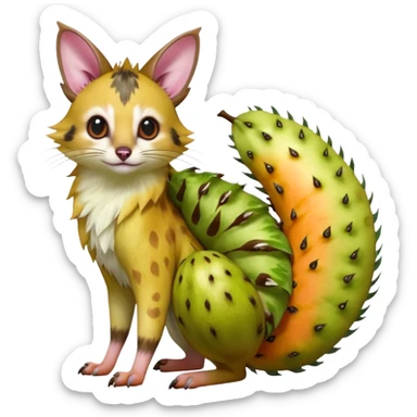 Hyper realistic  tropical-fruit-splash-colored fur of kiwi-green-lime-green-gradients, papaya-orange, and dragonfruit-pink chaos beautiful elegant pretty precious cute  Fakémon-Pokémon-opossum-feline-serval-caracal-chinchilla-Furret-Minccino-hybrid-creature with a big fluffy bushy tail (full body) sticker