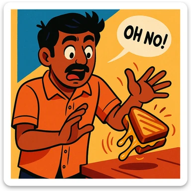 An Indian man with medium brown skin and black hair, wearing a casual shirt, accidentally dropping a grilled cheese sandwich, expressive and lighthearted scene, vibrant toon style sticker
