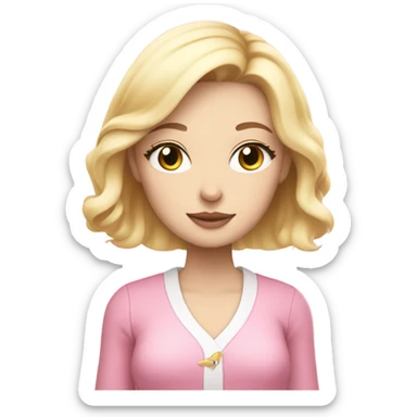 A prety blond girl with long pretty lashes, with pink clothes, holding a white furry cat while closing her eyes sticker