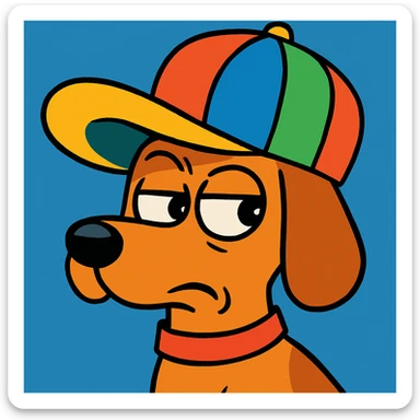 a dog giving a side eye, wearing a silly oversized hat, cartoon style, vibrant colors sticker