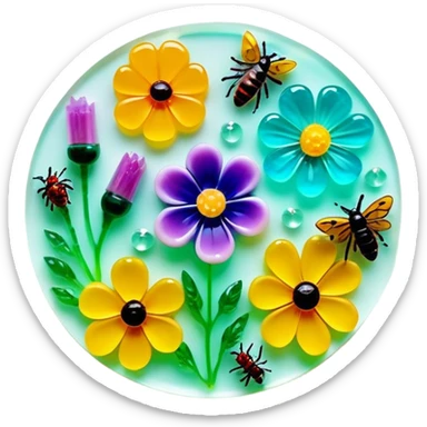 Epoxy resin art icon, jewelry and decorative items made with fluorescent epoxy resin, visible tubes of resin with bright colors, mixing tools, and molds, glowing effect on the resin, finished resin jewelry with dried flowers and insects embedded inside, minimalistic style, clean lines, transparent background. sticker