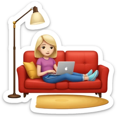 A girl is working with a laptop while lying on a sofa, with a floor lamp to the right. sticker