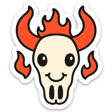 Make the white bull skull with bright red-orange flaming horns look less scary, give it a friendly and approachable expression, keep the style consistent. Remove the background. sticker