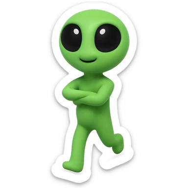Create a neon green alien dancing, almost identical to the reference image, with minimal changes in the positions of arms and legs, looking straight ahead. This is frame 8 of an animation. PNG format with transparent background. sticker