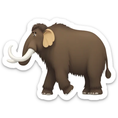 A side view full body shot of a brownish woolly mammoth with 2 tusks, 2 ears, 4 legs, 1 trunk, and 1 tail. 2D animation style, flat shapes, vector illustration. sticker