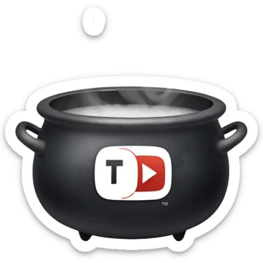A black cauldron with lot of smoke rising, and the white YouTube play button logo floating above the smoke sticker