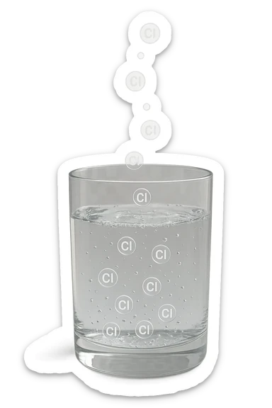 un bicchiere di acqua fluttua in aria realistico e dettagliato, dentro l'acqua del bicchiere ci sono particelle di cloro ben visibili con la scritta "Cl" sopra, ci sono particelle anche che escono dal bicchiere e fluttuano in aria verticalmente, mentre alcune sono all'interno dell'acqua nel bicchiere, iperrealistico 4k sticker