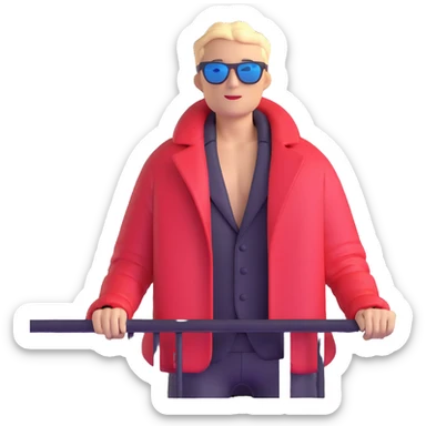 guy on balcony in winter with open jacket showing bare chest, wearing sunglasses, view from below sticker