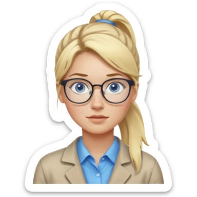 Just a head, blonde hair with lowlights in a ponytail, blue eyes, some freckles, a little older female ready to get some tasks done at work, no body and just one pony high on the back of the head sticker