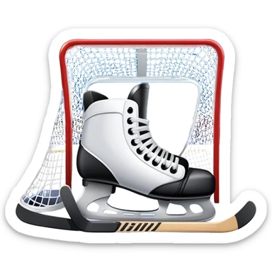 An icon showing a close-up of a hockey stick, puck, skates, and hockey net placed on the ice. The background features a packed stadium with bright lights, cheering fans, and snowy scenery outside. Transparent background highlights the key elements of the game. sticker