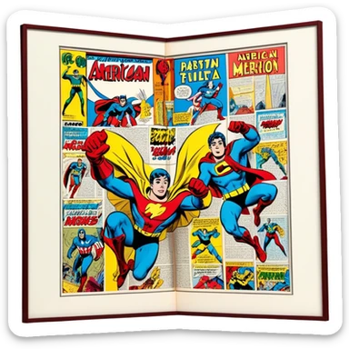 Create a detailed and vintage-inspired emoji representing comic books and graphic novels as a storytelling art form. The design should feature a large, open comic book with pages filled with classic American comic book panels. Include bold, dynamic lines and vibrant colors typical of vintage comics. A pencil (without a hand) should be writing text on the page, symbolizing the creation of the story. The overall design should evoke the classic feel of old-school comic books while incorporating the process of creating a graphic novel. Use rich, bold colors like red, yellow, and blue, and make the background transparent sticker