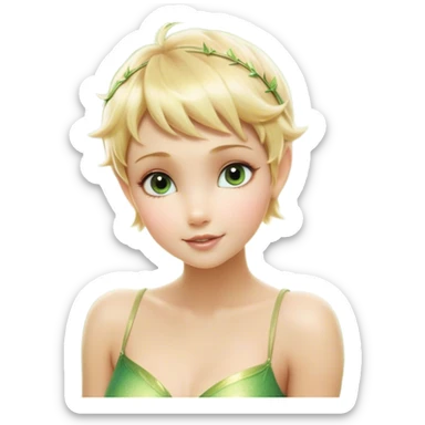 Cinematic Realistic Blonde Tinker Bell Fairy Portrait, depicted with lifelike, delicate skin glowing with a subtle radiant aura, soft natural lighting accentuating her gentle features, and intricately detailed golden blonde hair styled in a whimsical pixie cut. Her iridescent, translucent wings shimmer with delicate fairy dust, and her expressive, sparkling eyes reflect a world of magic. Adorned in a subtle blend of woodland greens and soft pastel accents, the portrait exudes an enchanting glow that seamlessly merges realism with fairy charm. sticker