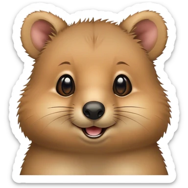 Cinematic Cute Quokka Portrait Emoji, Head tilted playfully and inquisitively, featuring a fluffy, round face with a naturally cheerful grin and bright, sparkling eyes full of playful curiosity, Simplified yet irresistibly adorable features, highly detailed, glowing with a warm, friendly glow, high shine, affectionate and spirited, stylized with a touch of Aussie whimsy, bright and endearing, soft glowing outline, capturing the essence of a mischievous yet loving quokka, so playful it feels like it could scamper out of the screen and into your arms! sticker