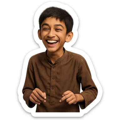 young, thin Pakistani boy with a big grin, looking like he's about to tell a joke sticker