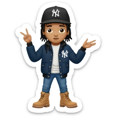 African American boy with short black dreadlocks wearing a black New York Yankees logo baseball cap wearing a black bubble winter coat wearing denim skinny jeans and timberland boots with hands pointing out at someone sticker
