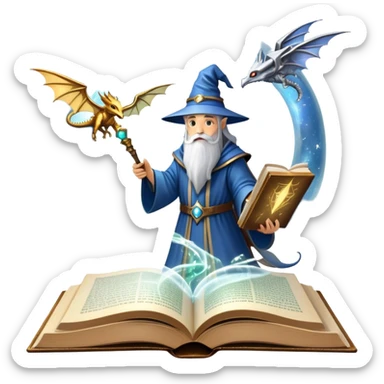 Icon for Fantasy and Sci-Fi Reading: an open book with magical creatures like dragons and fairies flying out, with a futuristic spaceship in the sky and a wizard casting spells. The icon should represent the magic and adventure of fantasy and science fiction worlds. Transparent background. sticker