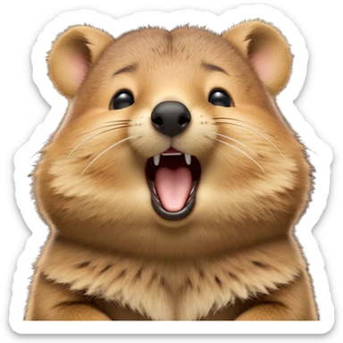 cinematic-realistic  yawning quokka-emoji,-small-round-frame, head tilted in an endearing manner, wouth wide open yawning, sleepy comical smile, fluffy cheeks, giant-fluffy-cheeks-large-smile-fluffy-brown-fur-radiating-a-warm-softness,-big-round-eyes-filled-with-joy, realistic round  fluffy zoomed in, large black eyes one paw raised in the air sticker