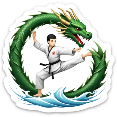 An icon symbolizing Eastern martial arts in the style of an emblem, featuring a black-and-white Yin-Yang symbol and a dragon at the center. A martial artist is performing a fluid kick, surrounded by elements like a dojo and bamboo. Transparent background highlights balance and power. sticker