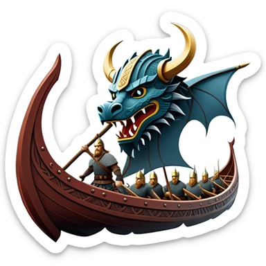 clash-of-clans-aesthetic_-cinematic-viking-longboat, rendered in a flat, bold vector style with minimal shading, featuring a striking dragon-headed prow slicing through icy, churning waters. shields on the side and vikings rowing The longboat’s intricately detailed shields and carved motifs evoke a sense of epic adventure and Nordic might, with billowing sails catching a dramatic, stormy sky backdrop. sticker