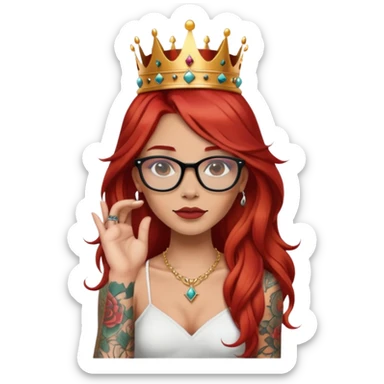 Beautiful girl, long red hair, tattoos, glasses and a crown cartoon sticker