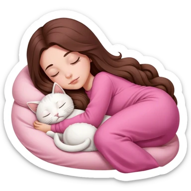 A pretty white girl with very long brown hair and pink clothing sleeping curled up to a white cat  sticker