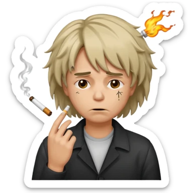 stressed emoji looking down shaking head wearing a disheveled wig with a cigarette in hand sticker