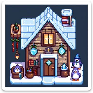Cozy penguin wizard cottage with spell books, icy decorations, and magical artifacts sticker