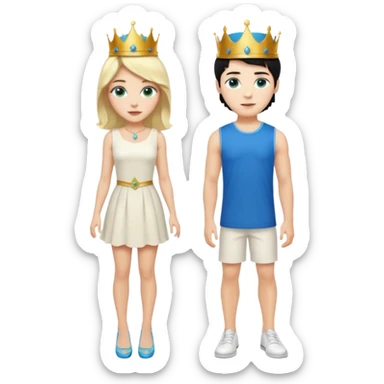 Prince with crown, black hair, body, legst, blue eyes, woman blonde hair, green eyes, sexy white short sleveless dress, shoes sticker