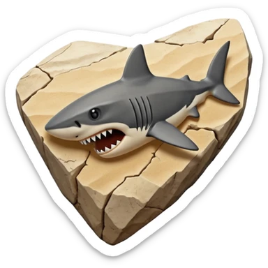 3D render of Shark Tooth, embedded in a chunk of rough sedimentary rock, cracked stone texture, ancient fossil aesthetic, shiny black enamel tooth embedded in beige sand, matte dry finish, Apple emoji style, isolated on white background --v 6.0 sticker