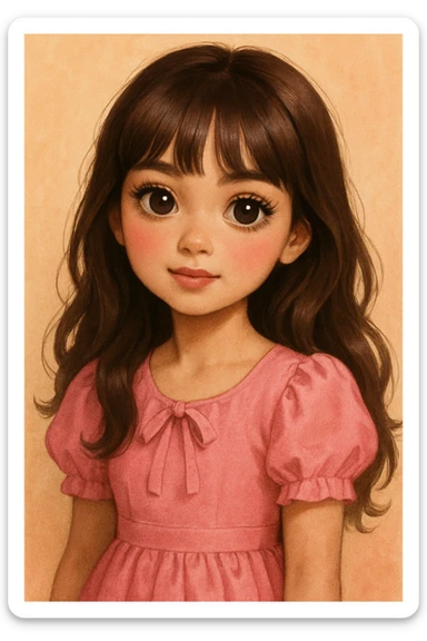 A cute girl with medium skin, soft pinkish cheeks, large bambi dark hazel eyes with long eyelashes, long wavy brown hair with bangs, medium straight nose with a soft tip, medium natural red lips, very feminine and pretty features, wearing a beautiful pink dress, in a charming and appealing style. sticker