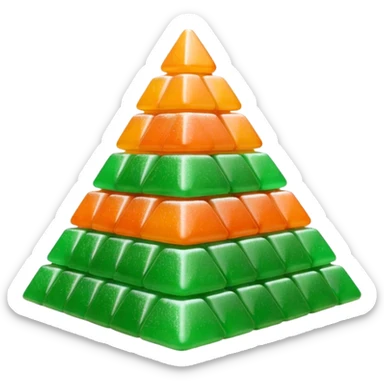 3D render of Gumdrop Pyramid, made entirely of dessert materials, glistening sugar crystal texture, stacked green and orange sugar-coated jelly candies, delicious confectionery aesthetic, Apple emoji style, isolated on white background --v 6.0. sticker