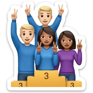 three casually dressed multi-racial people on a winners podium with the center step higher, no numbers, center person holding up one finger on each hand, left person holding up two fingers on each hand, right person holding up three fingers on each hand, cheerful expressive emoji style sticker