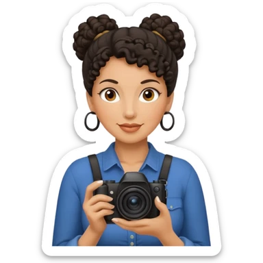 48 year old woman photographer with dark curly hair in a bun sticker