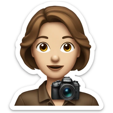 Portrait of stylish woman with blue eyes and brown bob hair holding a nikon camera sticker