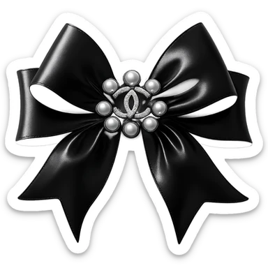 Add a solid black background behind the elegant bow with pearls and gold Chanel logo, glossy, black and white, realistic style with soft reflections and highlights on the bow and pearls. sticker