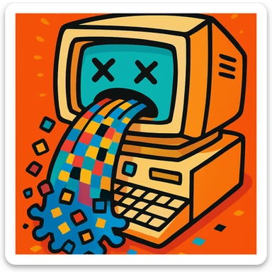 Make the image perfectly square, keeping the old computer monitor vomiting colorful pixels in vibrant cartoon style. Center the subject and ensure no important details are cropped. sticker