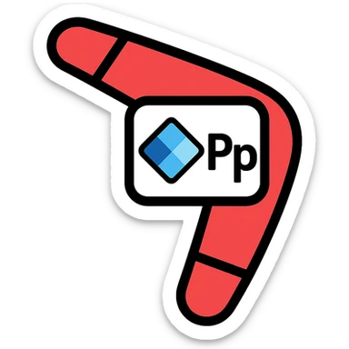 boomerang icon with Power Pages logo in the center, playful, red and white, outlined color style sticker