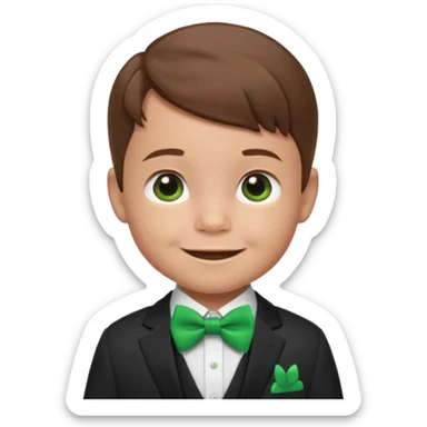 baby cute boy, brown hair in suit, with green bow, smile sticker