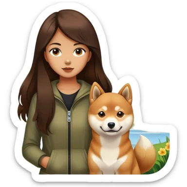 Really girl long dark brown hair with shiba inu outdoors sticker