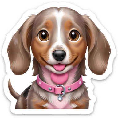 a brown grey and white dapple mini long hair dachshund with speckles across her head and chest, her tongue out and a pink collar sticker