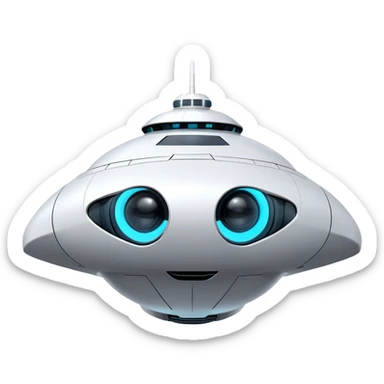 Design a simple, semi-realistic spaceship with a clean and minimalistic design. The ship should have a smooth, rounded shape with a few subtle mechanical details, like small thrusters or panels, but avoid overly complex or advanced features. Add a 'face' to the front of the ship using basic shapes, such as two circular lights for 'eyes' and a curved line or pattern for a 'smile,' giving it a friendly and approachable personality. The design should feel functional yet charming, as if the ship has its own character or consciousness. Use a plain, transparent background with no additional elements, focusing entirely on the ship. The lighting should be soft and even, highlighting the ship's 'face' and overall design. sticker