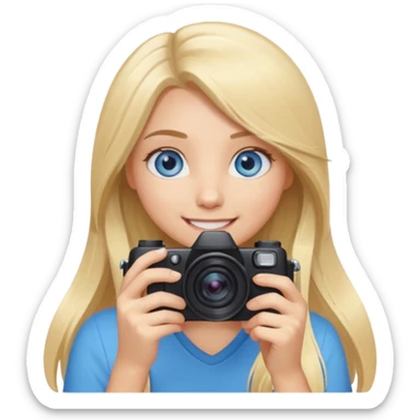  blue eyes blonde girl photographer cartoon taking picture in middle of taking picture camera in front of face long hair smiling funny flash professional, camera in front of face sticker